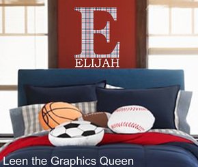 Wall Decal Blue and Red Plaid Initial Monogram with Name