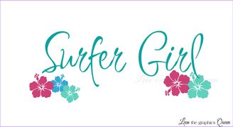 Surfer Girl with Hibiscus Flowers Vinyl Wall Decal