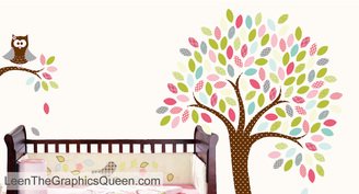 Tree Wall Decal with Owl on Branch Fabric Reusable Wall Decal