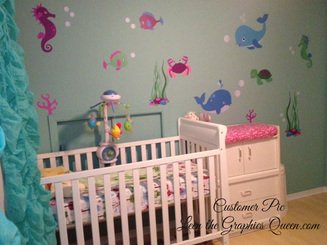 Sea Animal Wall Decal Reusable Whale Dolphin Crab Marine Scene Wall Decals Pinks Purples