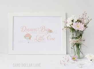 Dream Big Little One Nursery Art with Mint Gold Peach Hot Air Balloon Inspirational Saying - Paper Print