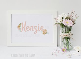 Custom Name Nursery Home Office Art with Mint Gold Peach Flowers - Paper Print